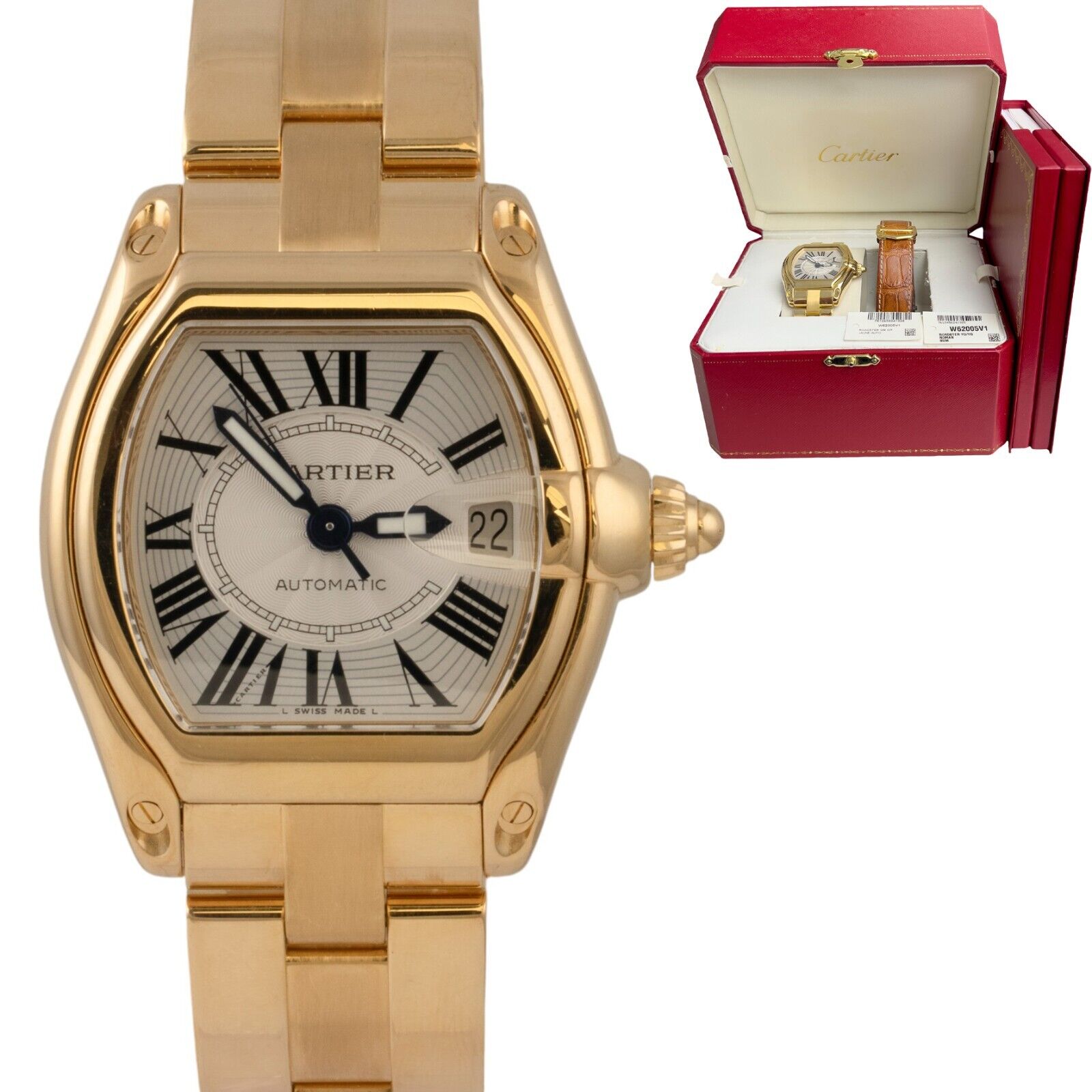 Cartier Roadster W62005V1 2524 18k Gold White Roman Guilloche 37mm