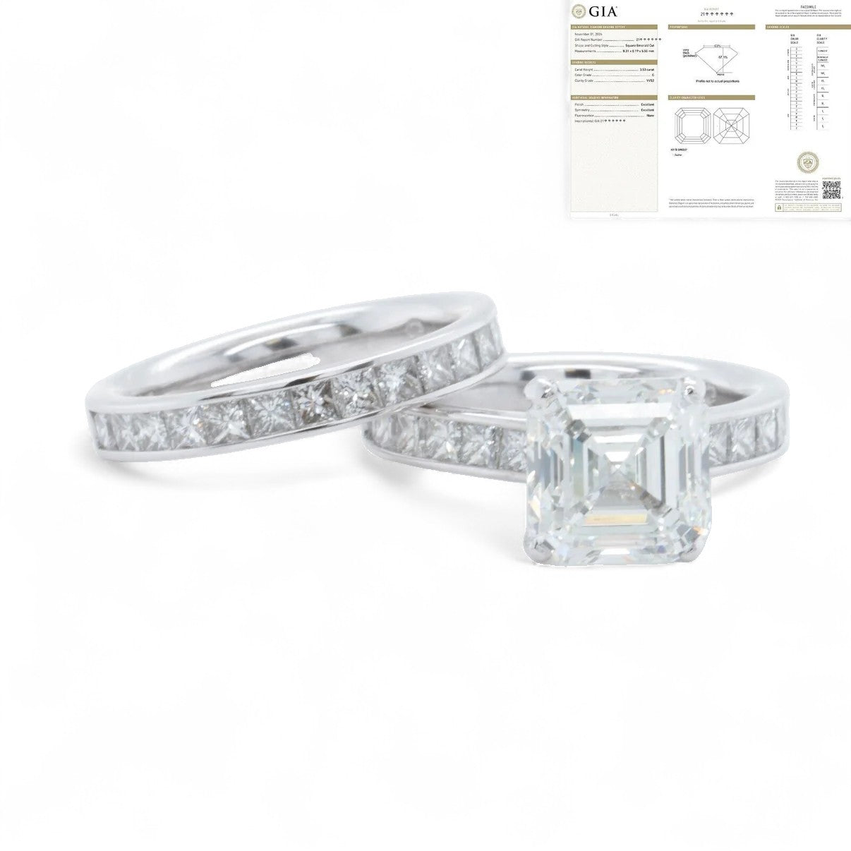 GIA Platinum Square EMC Diamond Engagement & Wedding Ring Set 4.48ctw Size 5