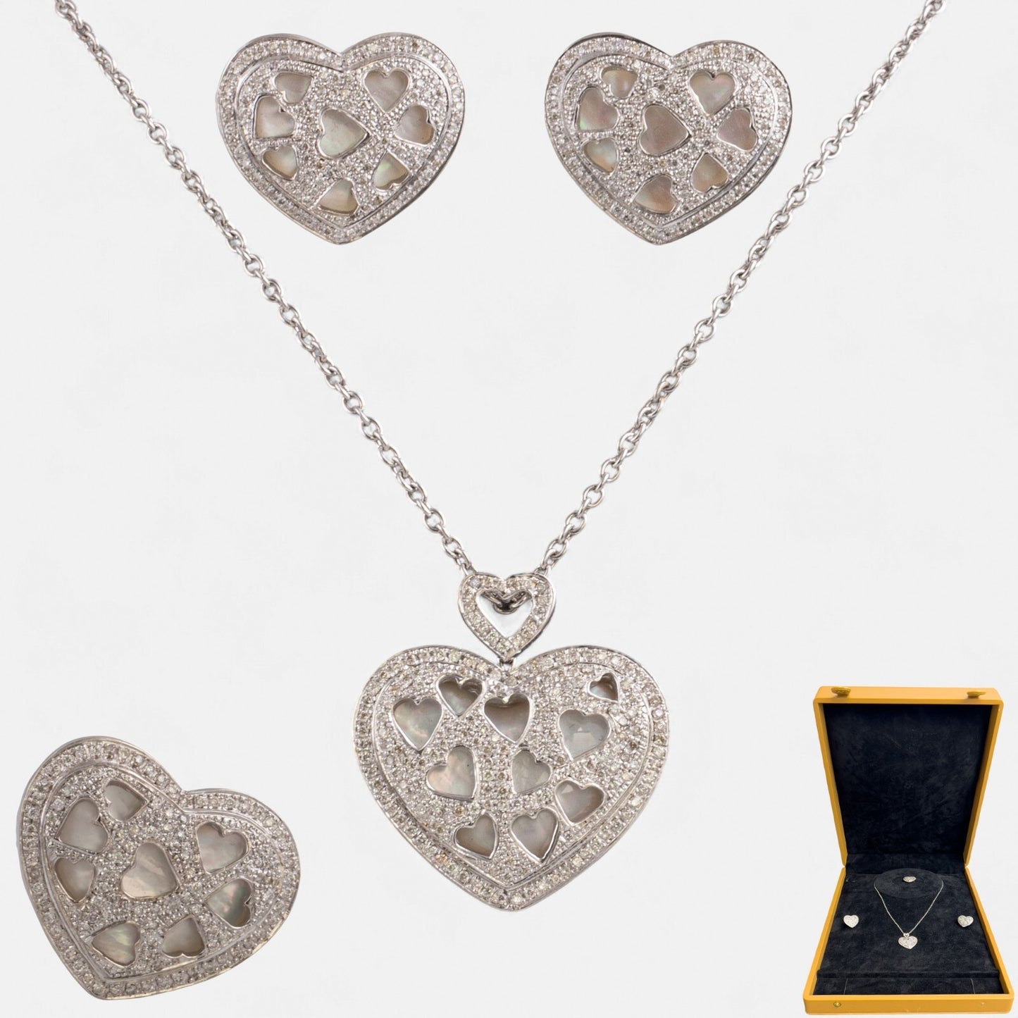 18k White Gold Pave Diamond Heart Necklace Ring Earrings Set 2.56ctw H-I SI2-I1