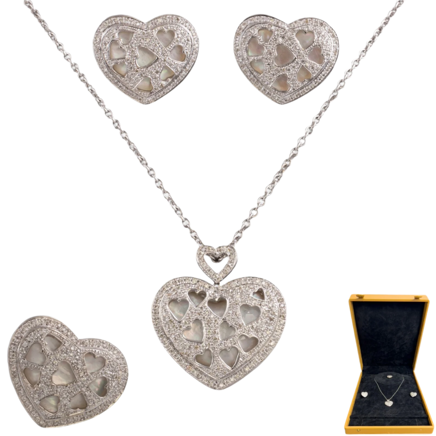 18k White Gold Pave Diamond Heart Necklace Ring Earrings Set 2.56ctw H-I SI2-I1