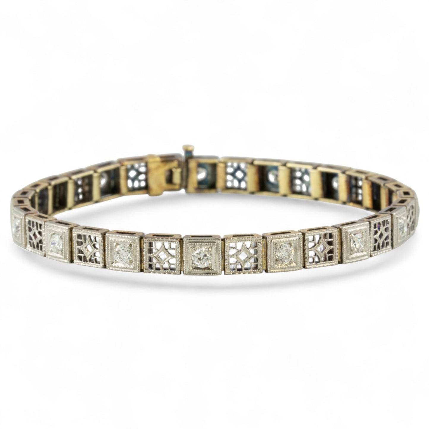 Antique Art Deco 14k Gold & Platinum Top Old European Diamond Filigree Bracelet