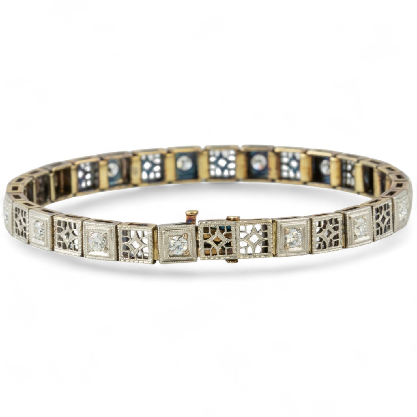 Antique Art Deco 14k Gold & Platinum Top Old European Diamond Filigree Bracelet