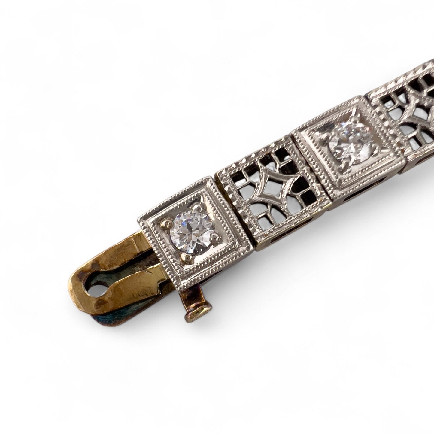 Antique Art Deco 14k Gold & Platinum Top Old European Diamond Filigree Bracelet