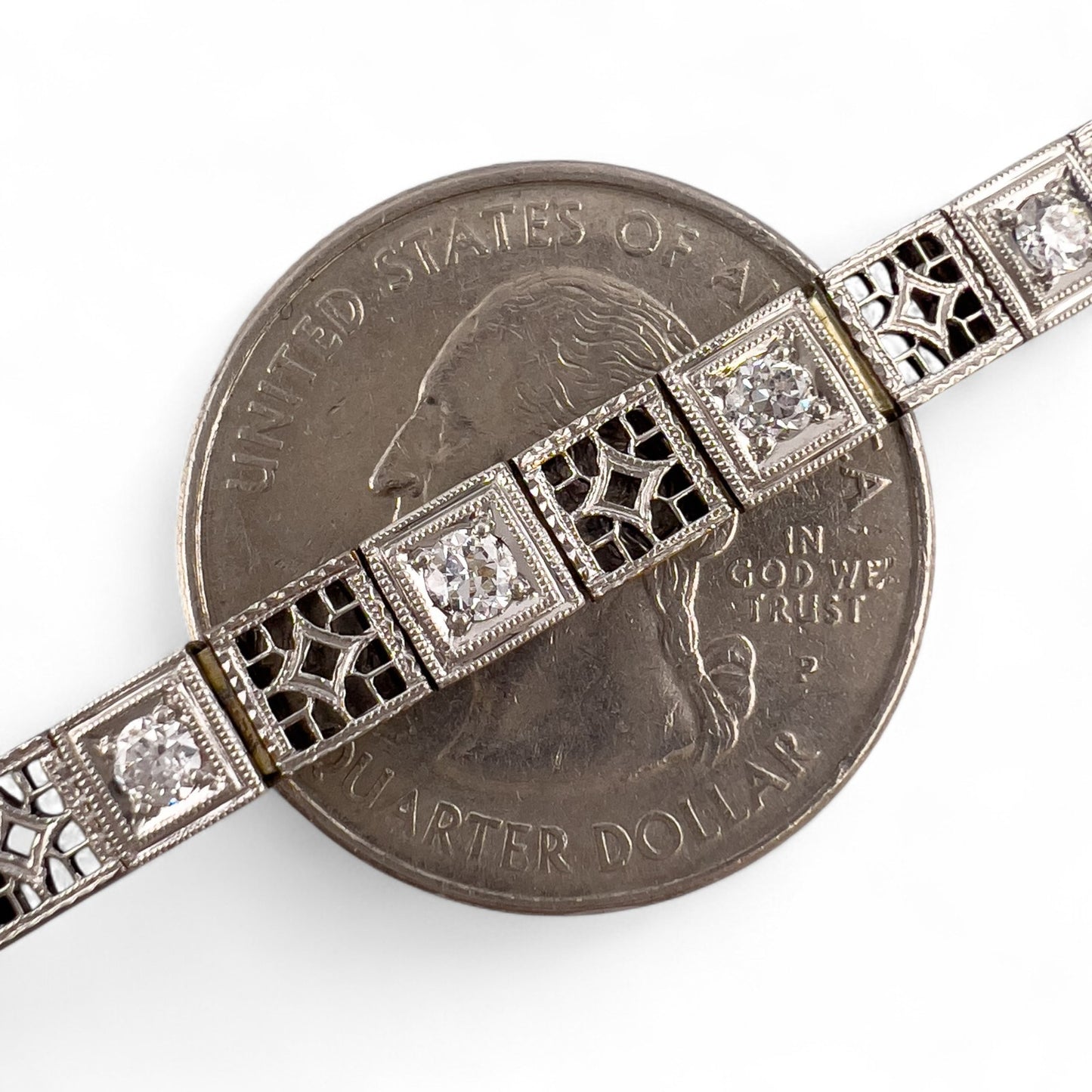 Antique Art Deco 14k Gold & Platinum Top Old European Diamond Filigree Bracelet