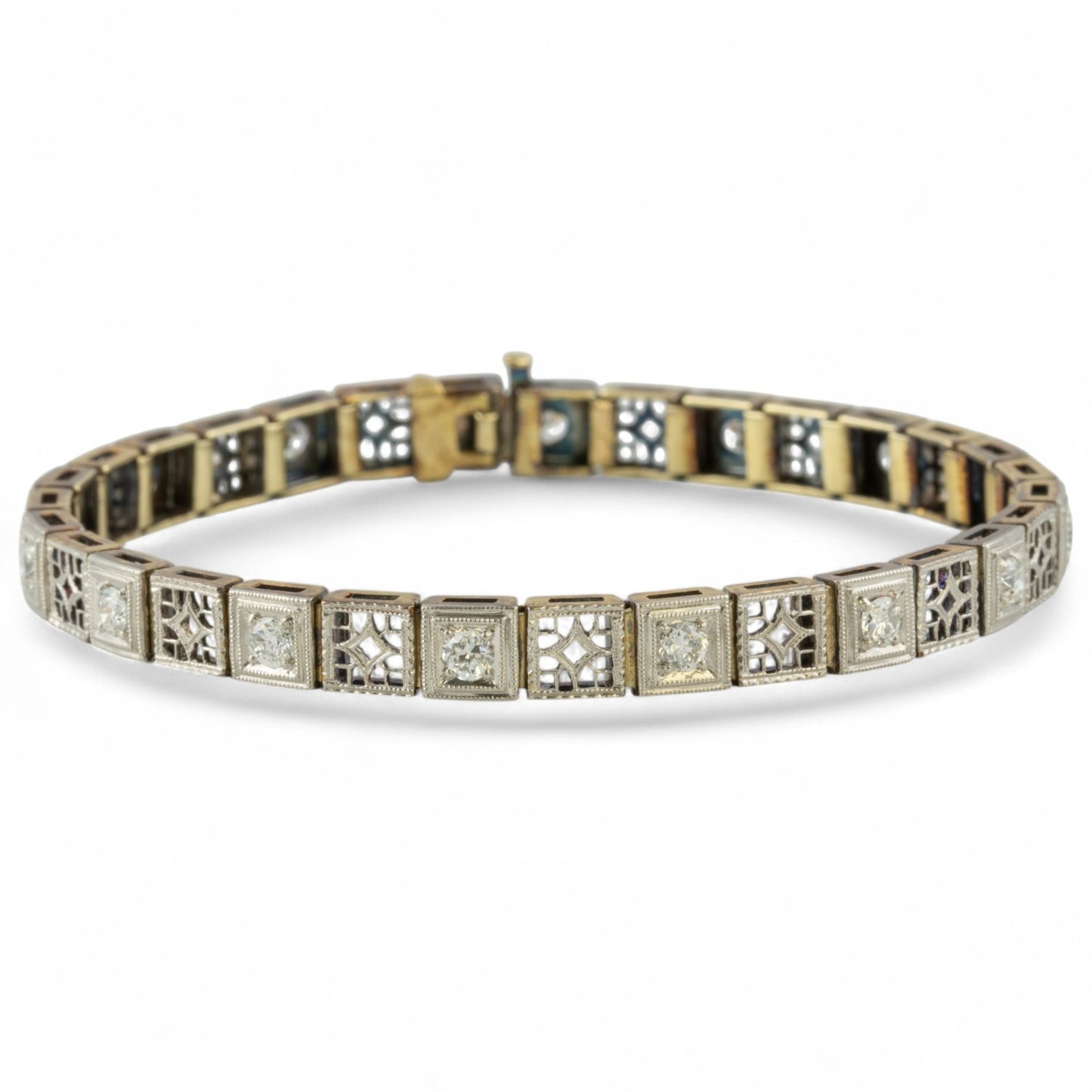 Antique Art Deco 14k Gold & Platinum Top Old European Diamond Filigree Bracelet