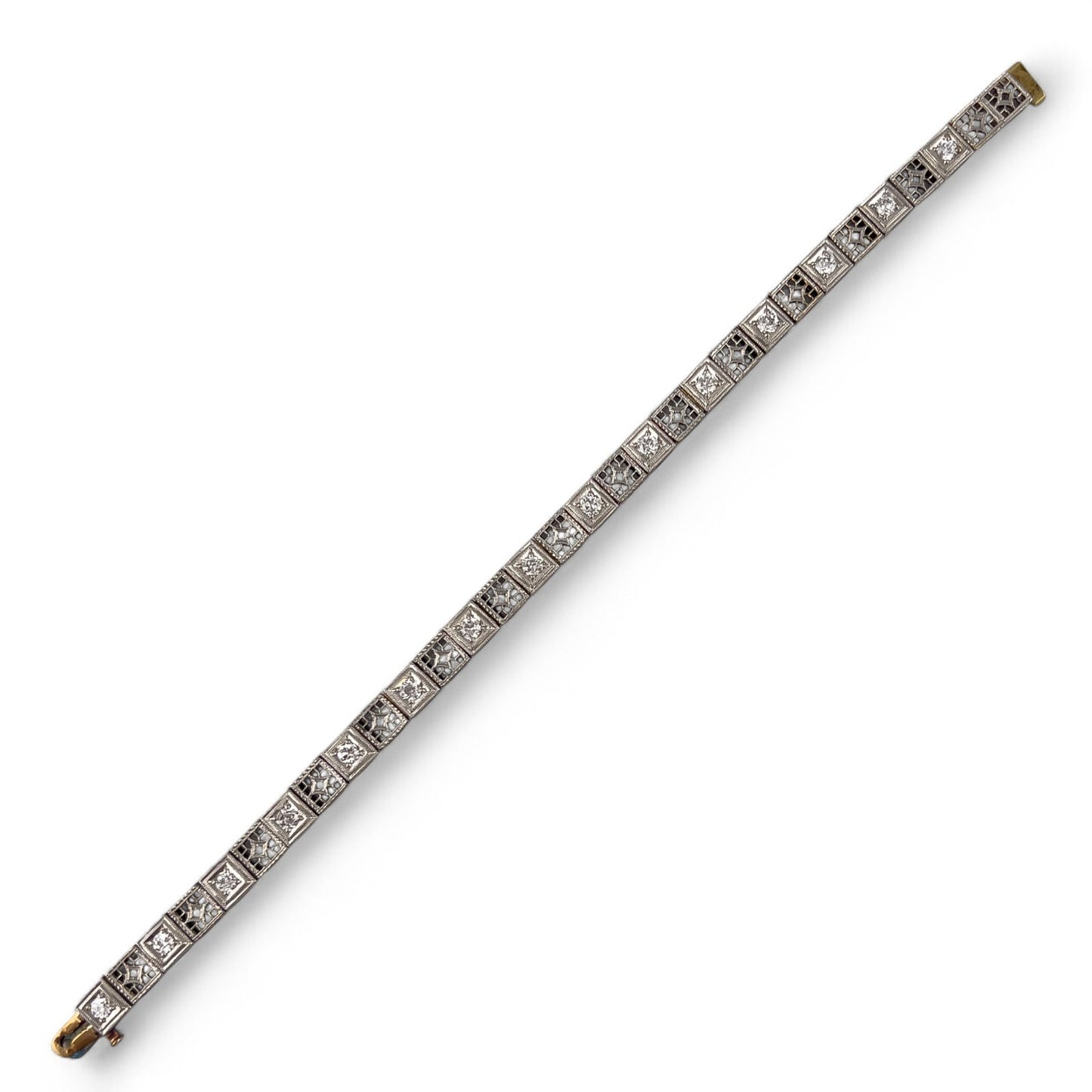 Antique Art Deco 14k Gold & Platinum Top Old European Diamond Filigree Bracelet