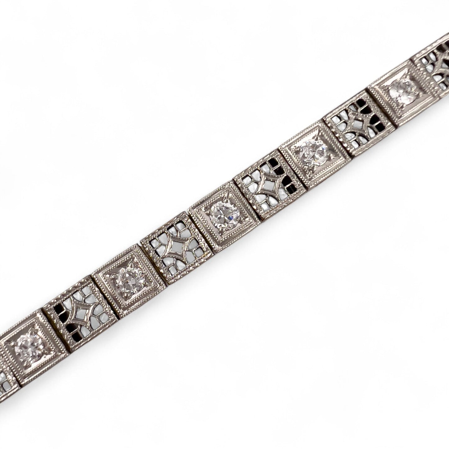 Antique Art Deco 14k Gold & Platinum Top Old European Diamond Filigree Bracelet
