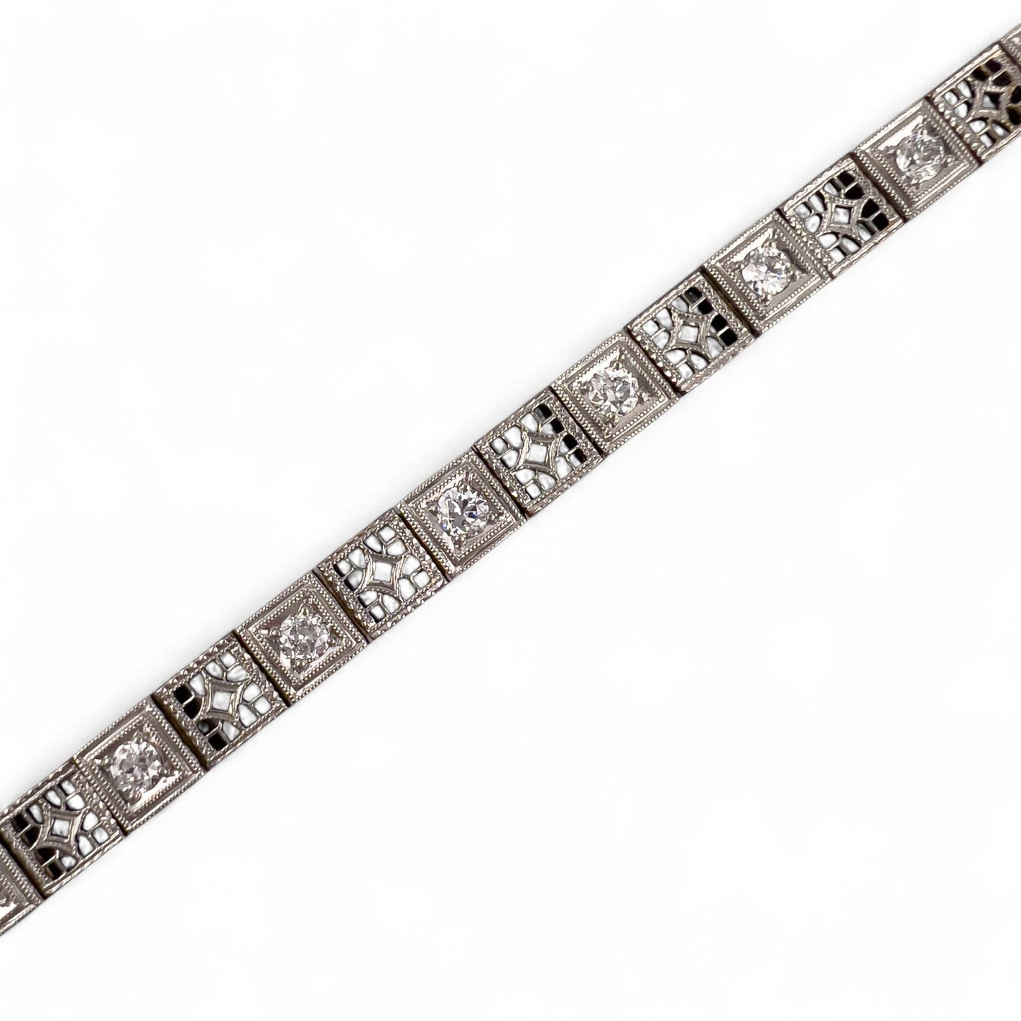 Antique Art Deco 14k Gold & Platinum Top Old European Diamond Filigree Bracelet