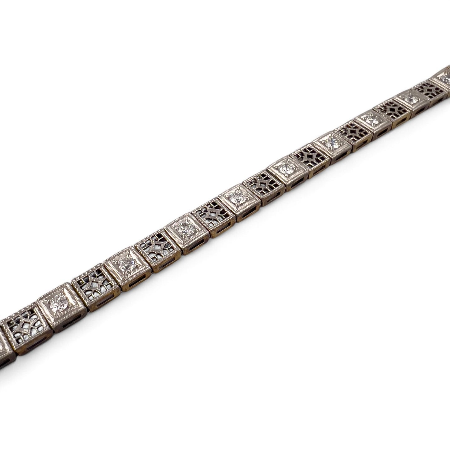 Antique Art Deco 14k Gold & Platinum Top Old European Diamond Filigree Bracelet