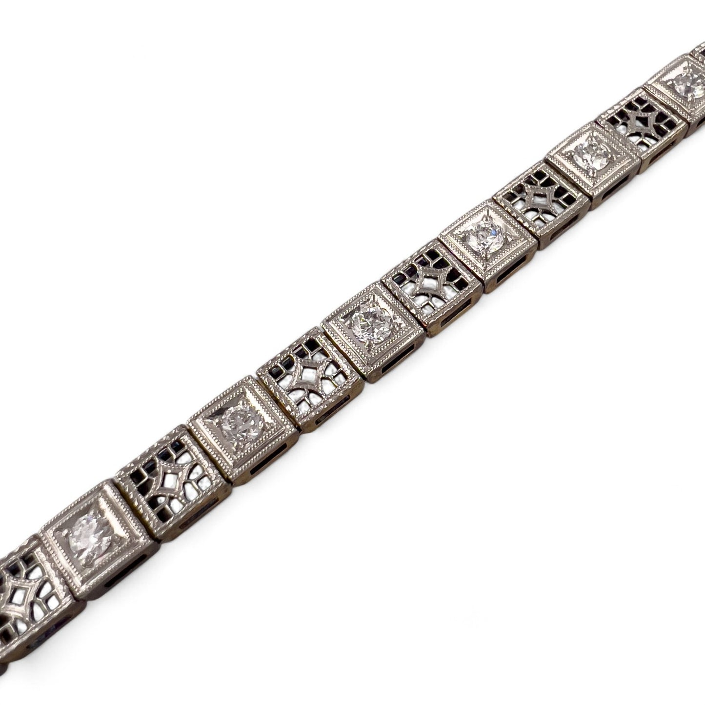 Antique Art Deco 14k Gold & Platinum Top Old European Diamond Filigree Bracelet