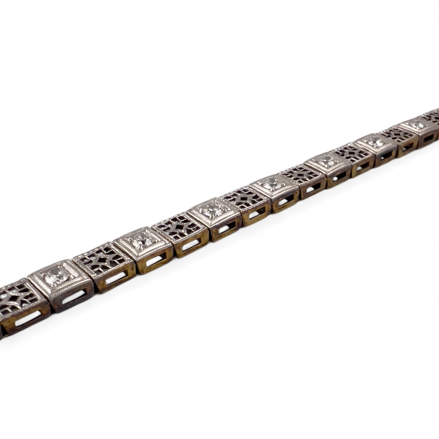Antique Art Deco 14k Gold & Platinum Top Old European Diamond Filigree Bracelet