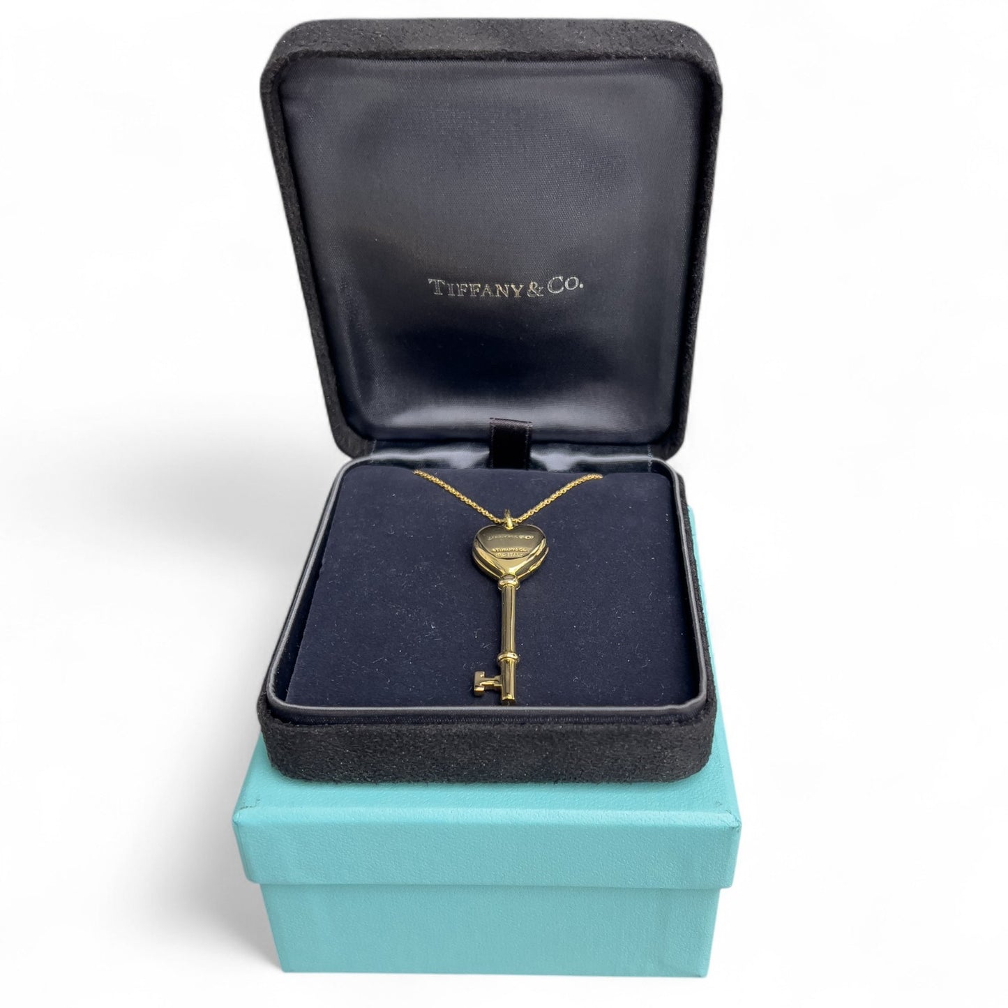 Tiffany & Co. 14k Yellow Gold Heart Locket Skeleton Key Pendant 18k Necklace 24"
