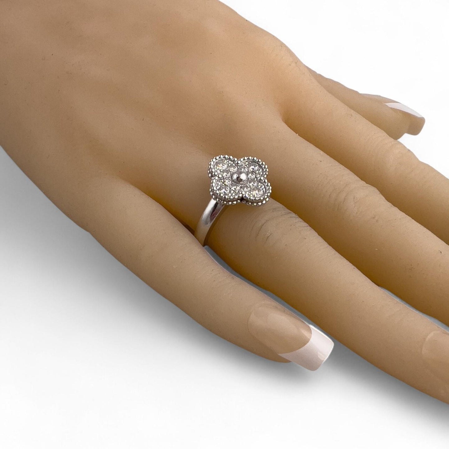 Van Cleef & Arpels Vintage Alhambra Diamond 18k White Gold Ring Size 55 BOX COA