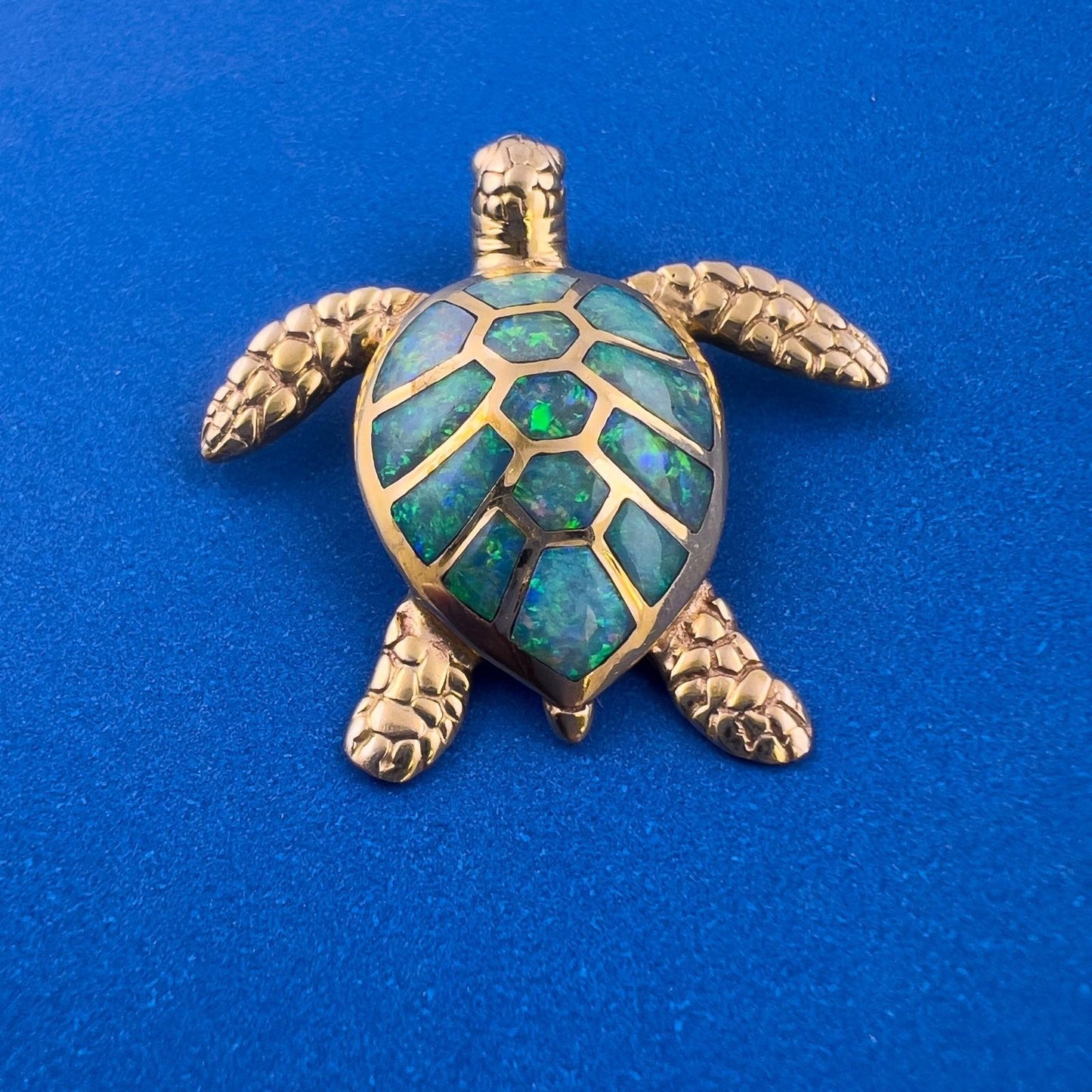 Kabana Sea Turtle 14k Yellow Gold Blue Green Opal Inlay Pendant 8.3g 1.25"