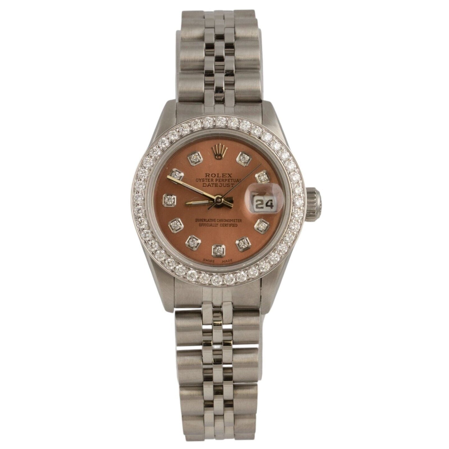 1991 Rolex DateJust 69174 Stainless Steel Salmon Diamond Dial / Bezel 26mm BOX