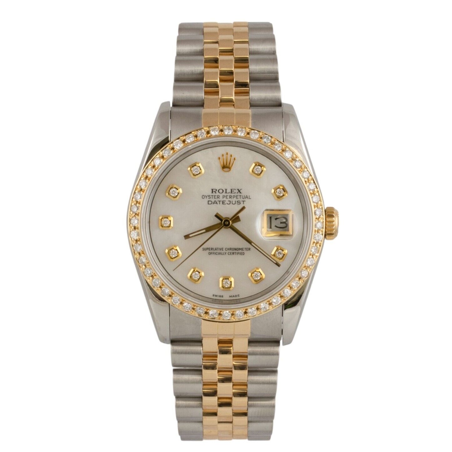 1988 Rolex DateJust 16233 18k Gold & Stainless White MOP Diamond Dial Bezel 36mm