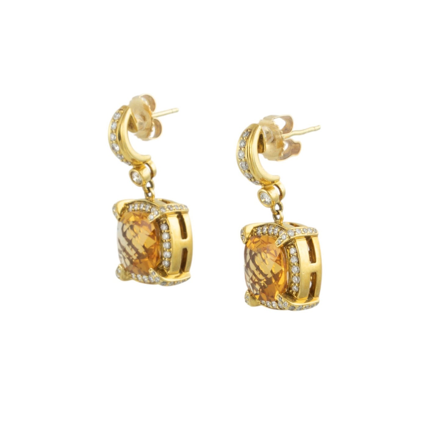18k Yellow Gold Diamond Orange Faceted Color Stone Dangle Earrings 1.10ctw F VS2