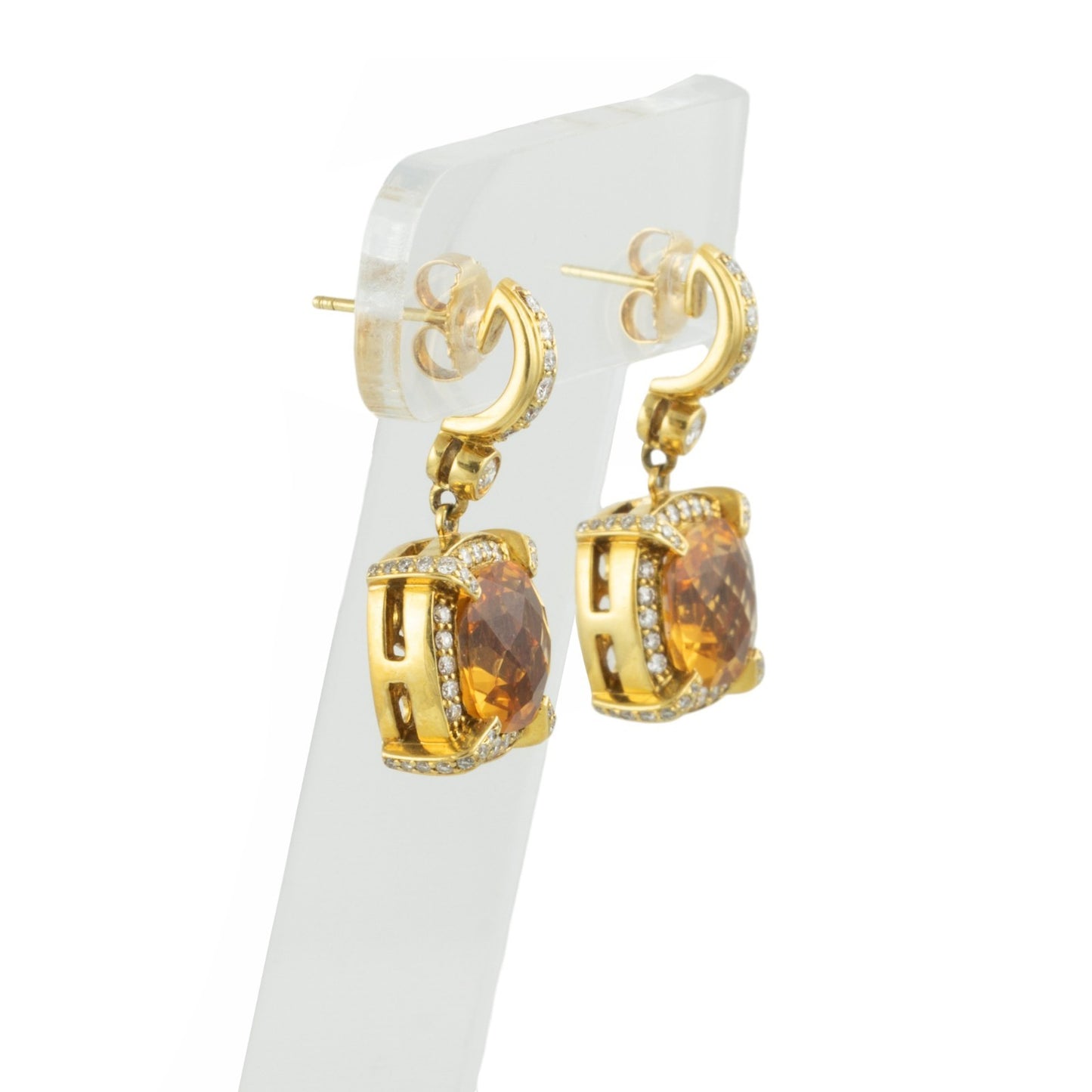 18k Yellow Gold Diamond Orange Faceted Color Stone Dangle Earrings 1.10ctw F VS2