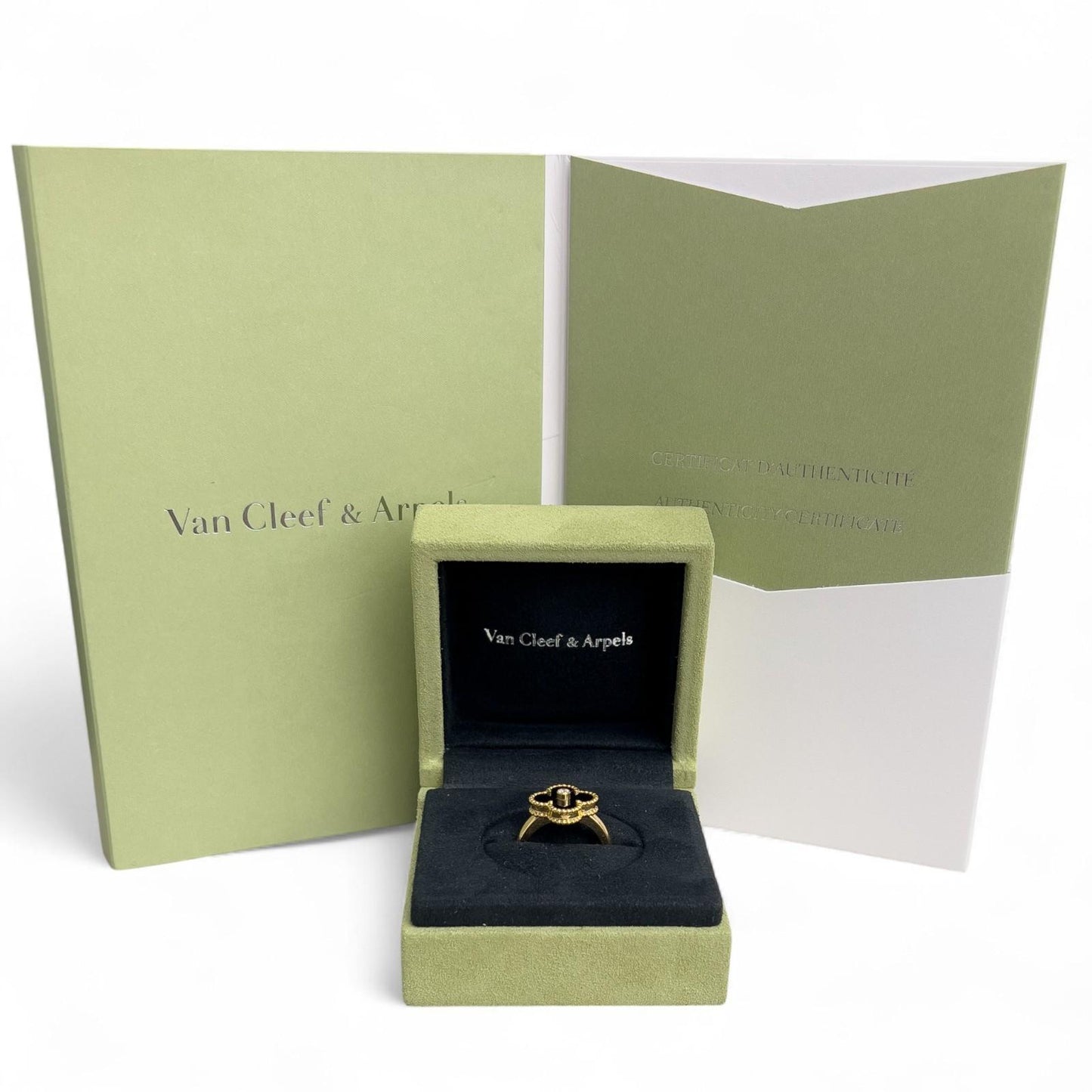 Van Cleef Arpels Onyx Vintage Alhambra 18k Yellow Gold Diamond Ring 54 BOX + COA