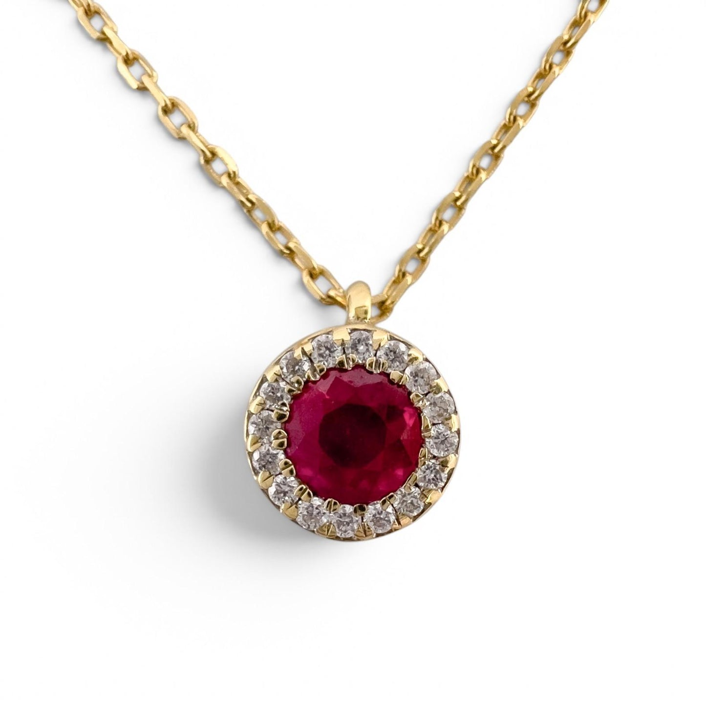 18k Yellow Gold 0.56ctw Ruby Diamond Halo Necklace & Earrings Set 0.15ctw F-G SI