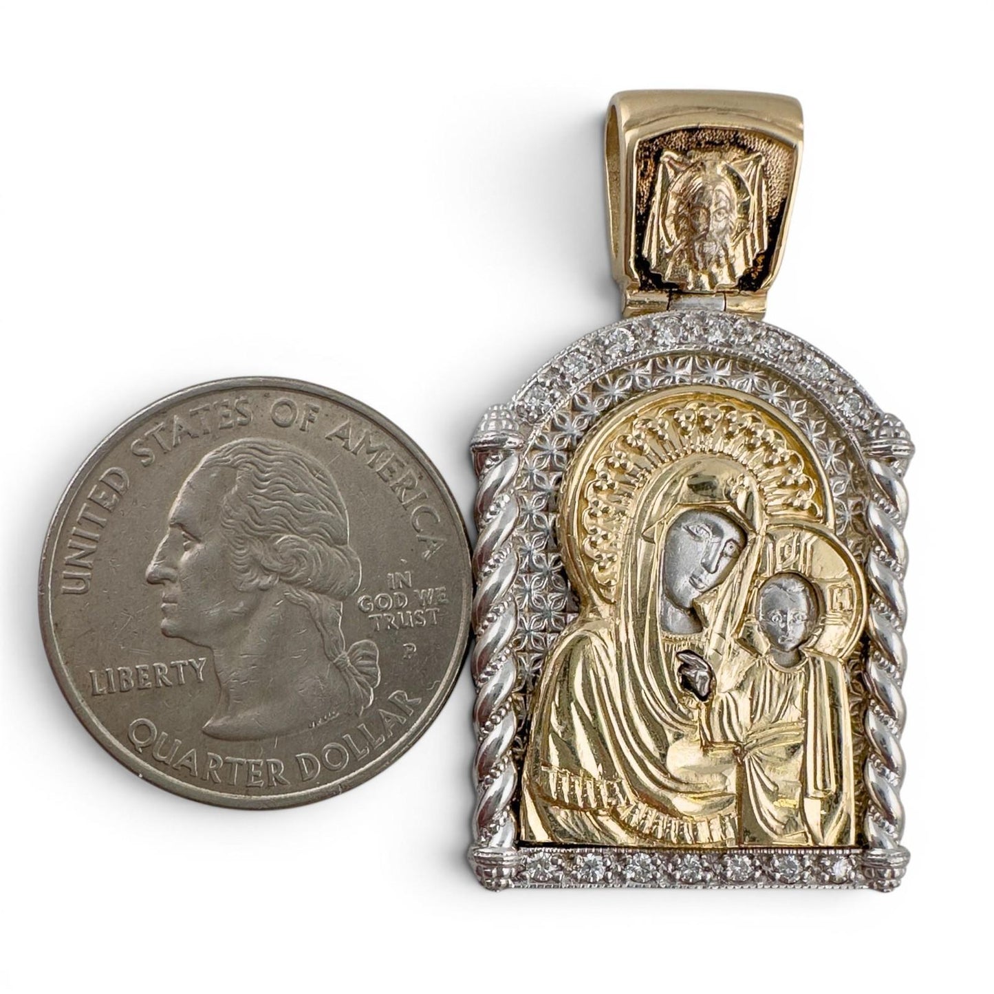14k Gold Diamond Virgin Mary Kazan Orthodox Church Slavonic Prayer Pendant 23g