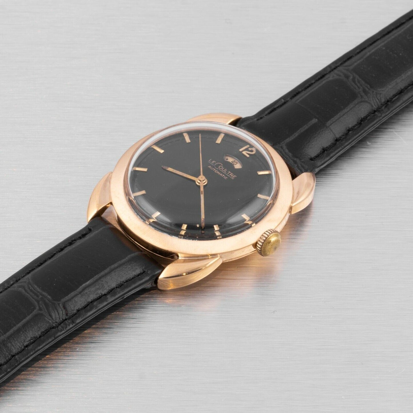 Le Coultre Powermatic 14k Gold 1952 Bumper Power Reserve Black Dial 34mm Watch