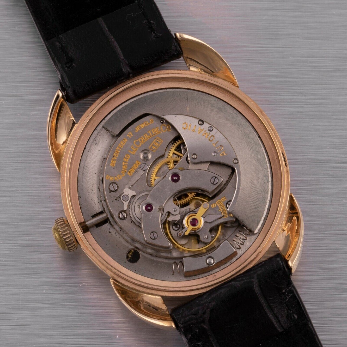 Le Coultre Powermatic 14k Gold 1952 Bumper Power Reserve Black Dial 34mm Watch