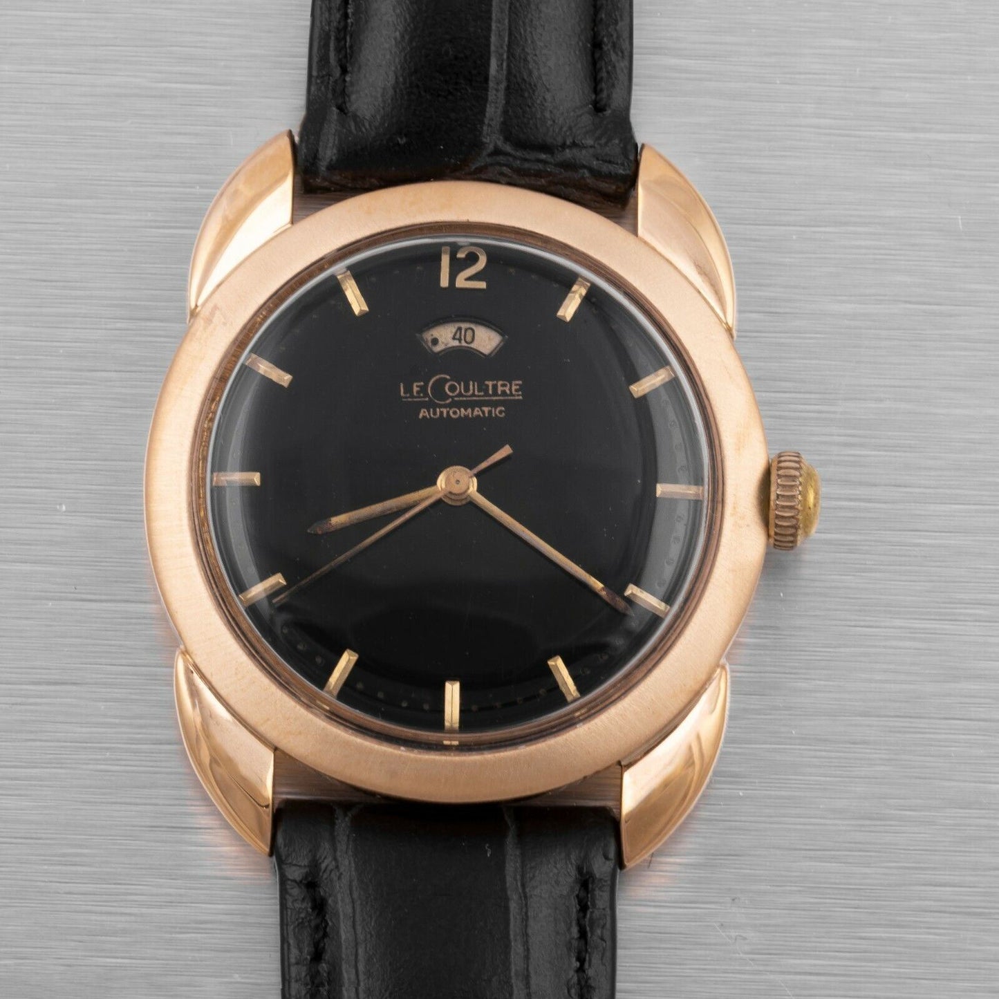 Le Coultre Powermatic 14k Gold 1952 Bumper Power Reserve Black Dial 34mm Watch