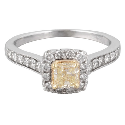 14k White Gold Princess Cut Fancy Yellow Diamond Halo Ring 0.75ctw sz 6.75
