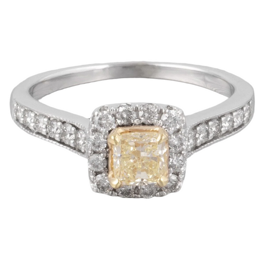 14k White Gold Princess Cut Fancy Yellow Diamond Halo Ring 0.75ctw sz 6.75