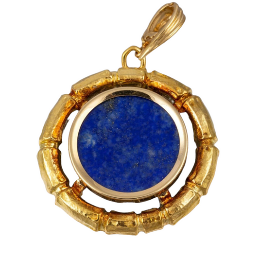 DAVID WEBB 18k Yellow Gold Bamboo Circle Lapis Pendant w/ Certificate