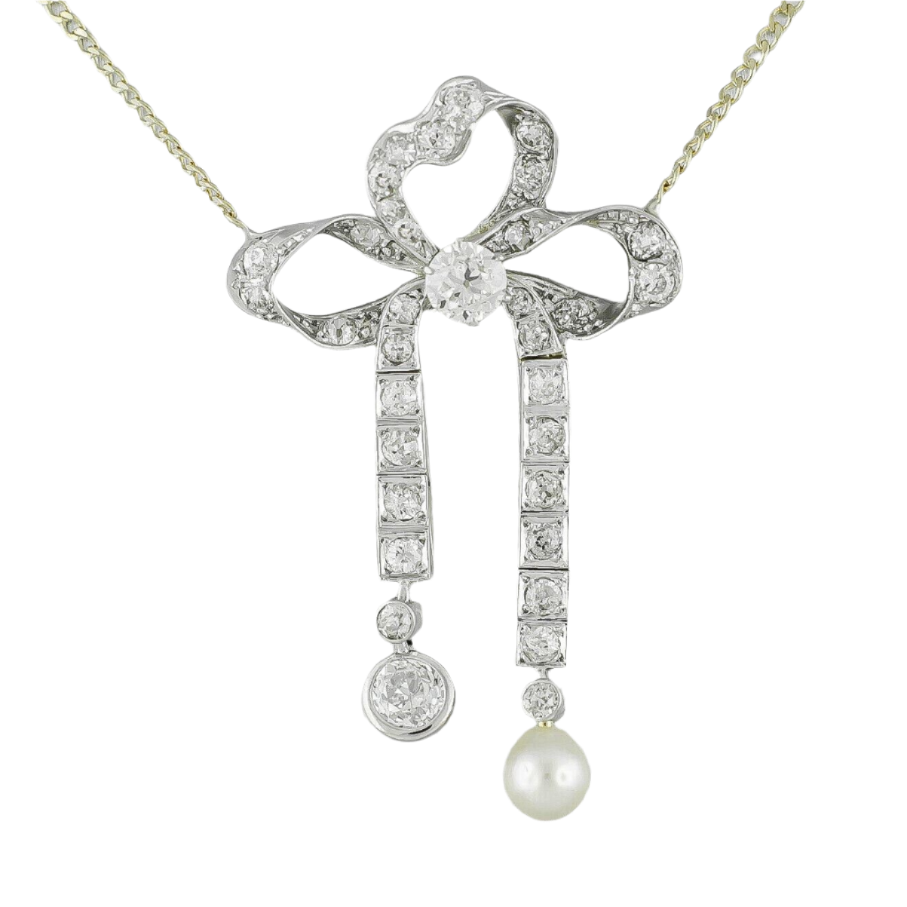 Art Deco 14k Yellow Gold & Platinum 1.10ctw Diamond Pearl Ribbon Necklace 15.75"