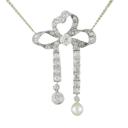 Art Deco 14k Yellow Gold & Platinum 1.10ctw Diamond Pearl Ribbon Necklace 15.75"