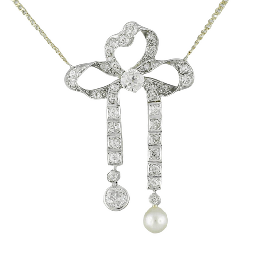 Art Deco 14k Yellow Gold & Platinum 1.10ctw Diamond Pearl Ribbon Necklace 15.75"