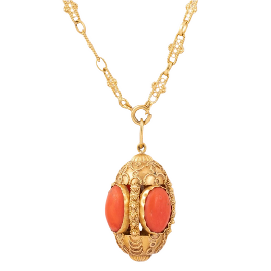 Antique Victorian Etruscan Revival 18k Yellow Gold Coral Pendant Necklace 36.5"
