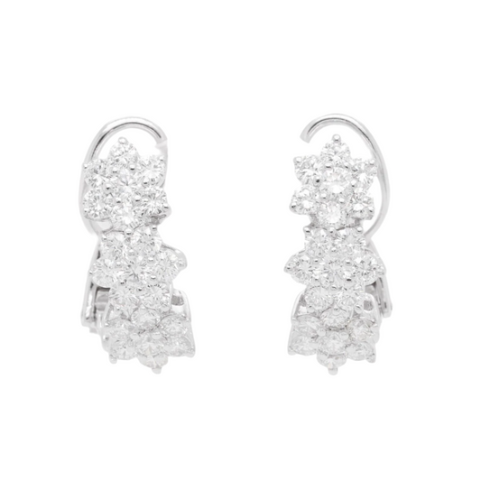 18k White Gold Diamond Triple Cluster Earrings 2.50ctw F VS1 - Omegaback Closure