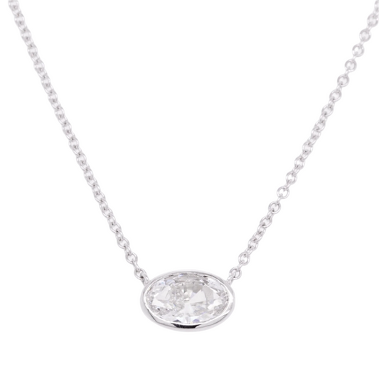 14k White Gold Oval Diamond Bezel Set Pendant Necklace 0.68ct H SI1 2.6g 18.5"