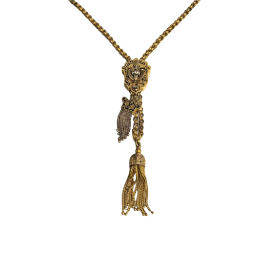 Antique Victorian 14k Yellow Gold Seed Pearl Dangling Tassel Slider Necklace 37"