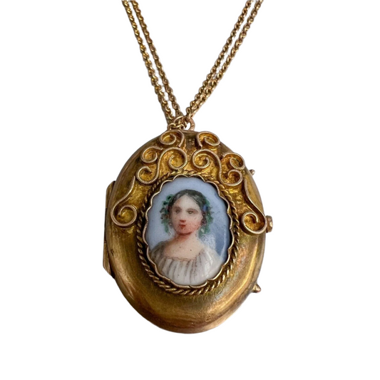 Antique Victorian 14k Yellow Gold Painted Porcelain Cameo Locket Necklace 28"