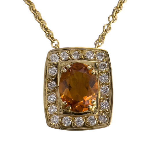 18k Yellow Gold Oval Citrine Diamond Halo Cushion Pendant Necklace 0.36ctw 17.5"