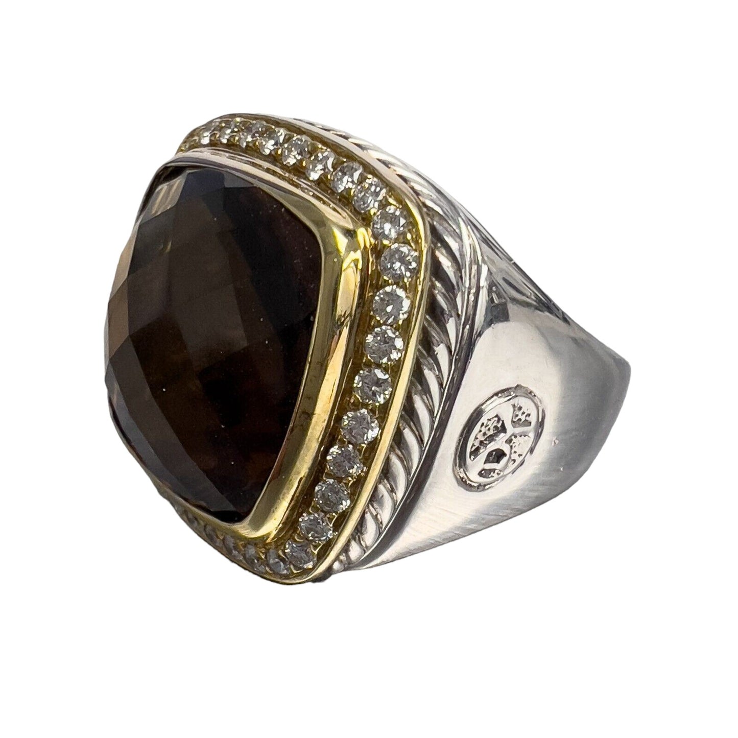 David Yurman 925 Silver & 18k Gold Smoky Topaz Diamond Signature Albion Ring