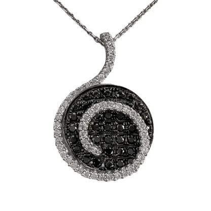 14k White Gold White & Black Diamond 3D Circular Swirl Pendant Necklace 1.03ctw