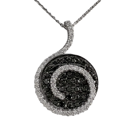 14k White Gold White & Black Diamond 3D Circular Swirl Pendant Necklace 1.03ctw