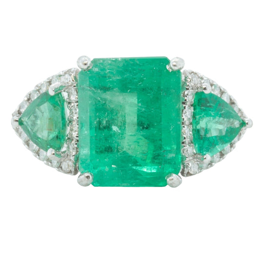 14k White Gold 4.73ct EM Cut Emerald & Trillion Emerald Diamond Ring Size 6