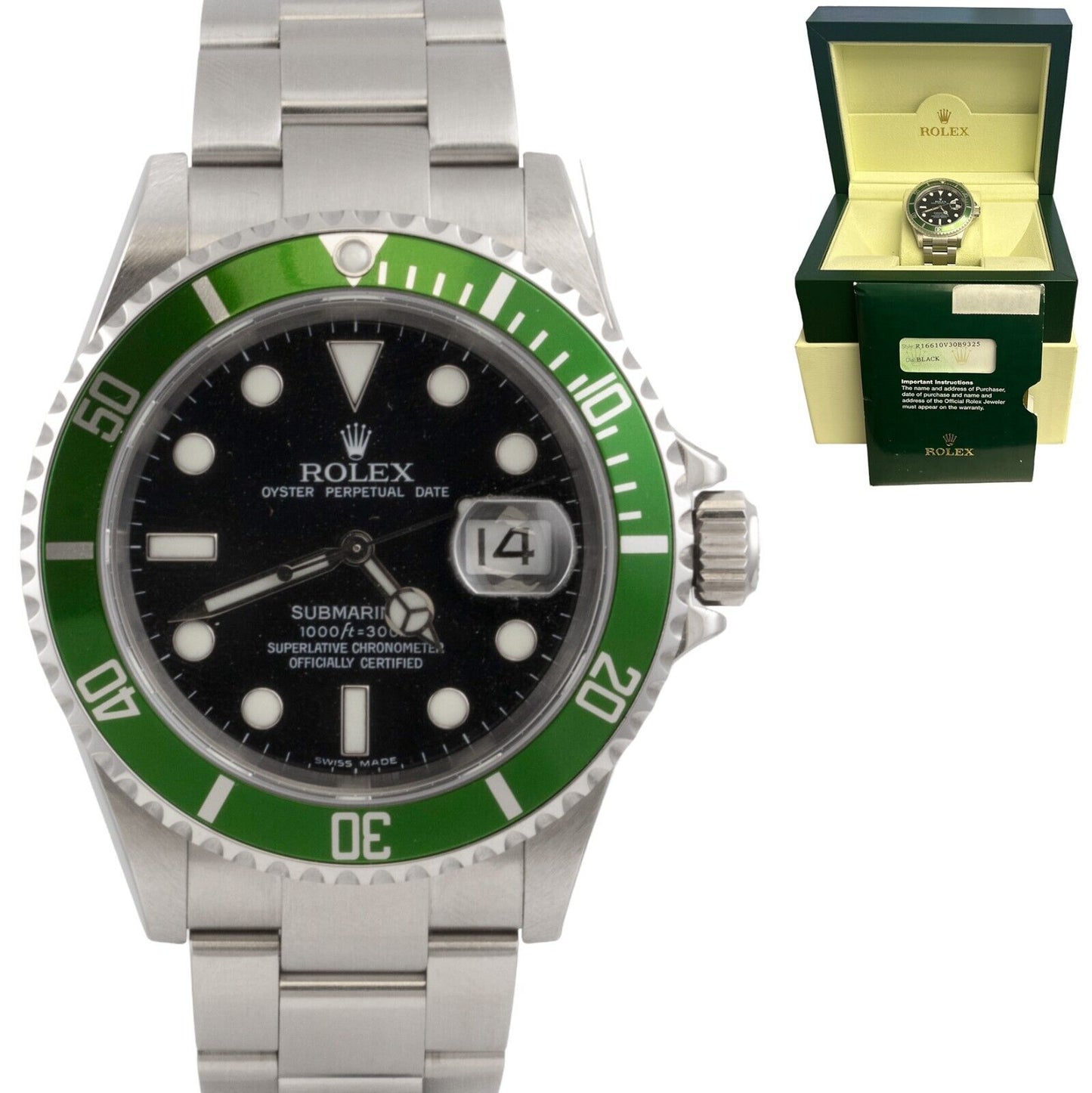 NOS Rolex Submariner Kermit Green 40mm Watch 16610V BOX & PAPERS STICKERS 2005/6