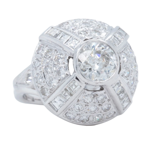 14k White Gold Old European & Square Diamond Dome Ring 2.50ctw Size 5.5