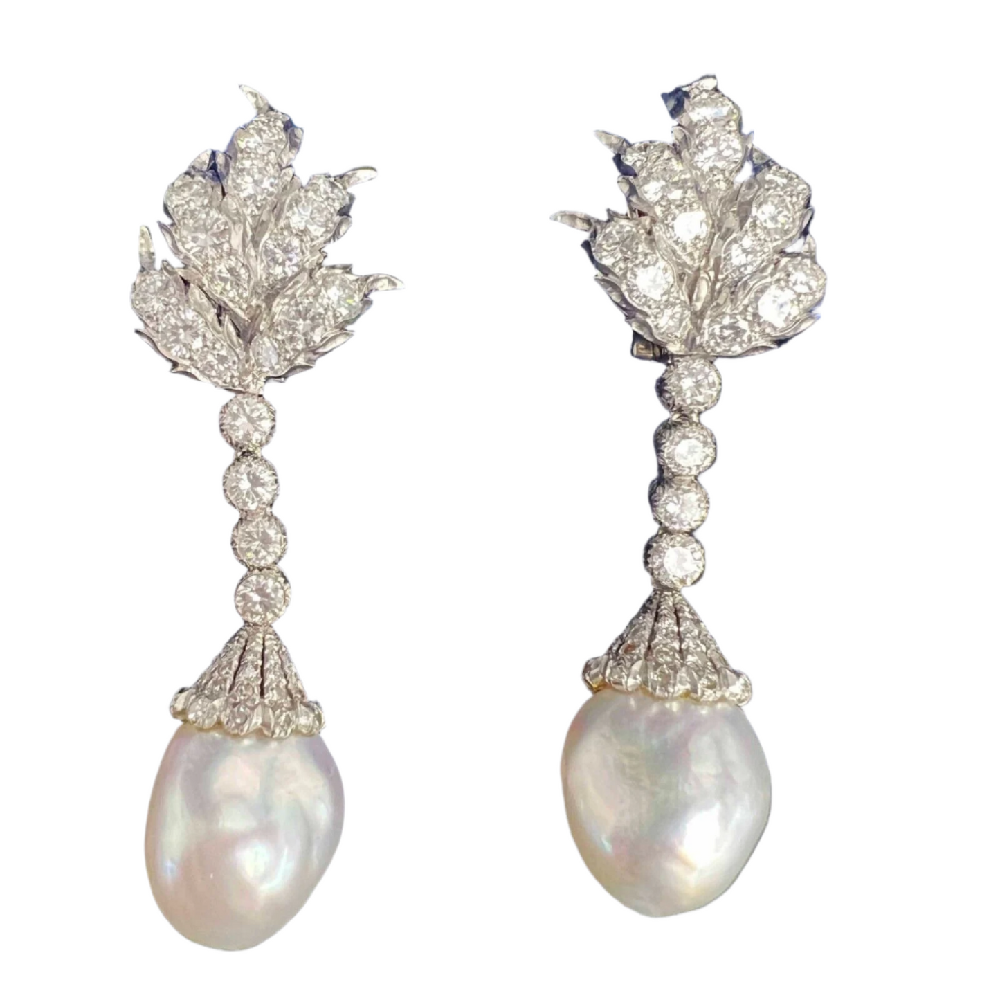 Vintage 70s Mario Buccellati Platinum Diamond Pearl Dangle Earrings 5.72ctw BOX