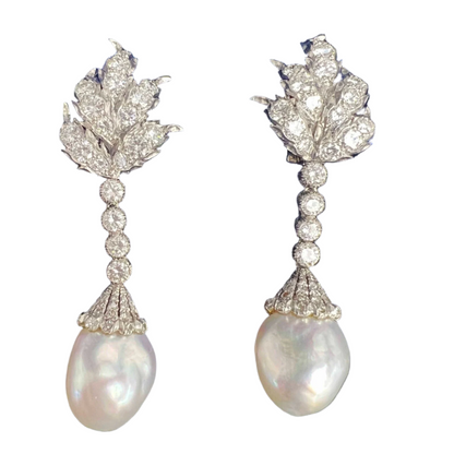 Vintage 70s Mario Buccellati Platinum Diamond Pearl Dangle Earrings 5.72ctw BOX