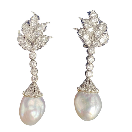 Vintage 70s Mario Buccellati Platinum Diamond Pearl Dangle Earrings 5.72ctw BOX