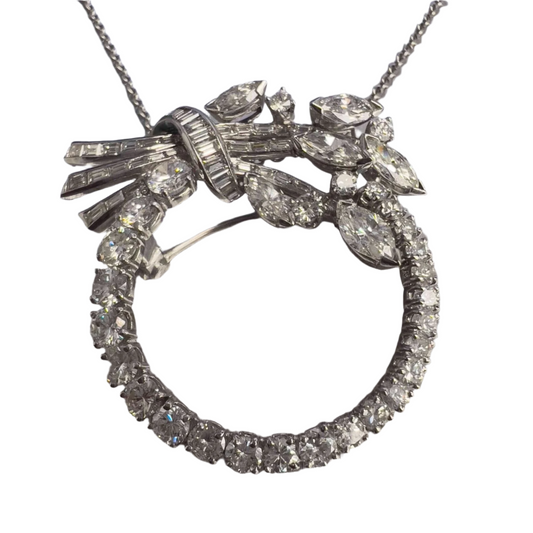 Platinum 950 Round Baguette Marquise Diamond Circlet Wreath Pin Pendant 3.50ctw